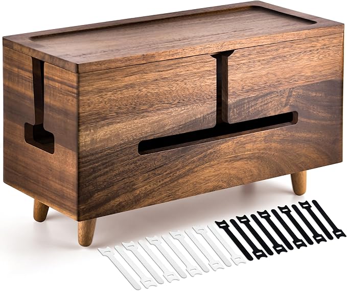 Large Cable Management Box - Organizer for Electrical Cords and Power Strips - Conceal Desk and Floor Cables - Storage Solution for Cord Hider and Organization (Brown Wood)