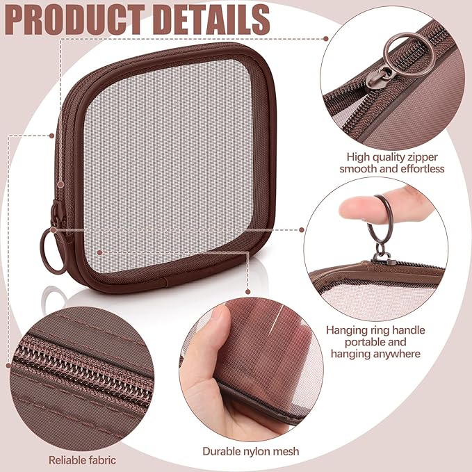 Weewooday 4 Pcs Mesh Makeup Bag Mesh Cosmetic Bag Travel Toiletry Pouch with Zipper Mini Makeup Cosmetic Purse for Daily Accessory(Small,Brown)