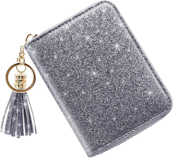 Coco Rossi Women's Small Credit Card Wallet RFID Cute Glitter Card Holder for Women, Grey