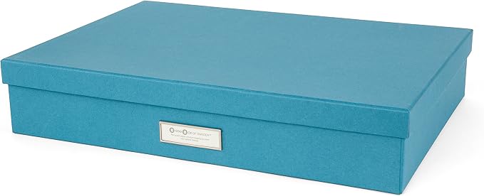 Bigso Sverker Fiberboard Legal and Art Storage Box | Scrapbook Storage Box for Loose Papers and More | Durable Document Boxes with Lid and Metal Label Holder | 17.1’’ x 12.2’’ x 3.3’’ | Turquoise