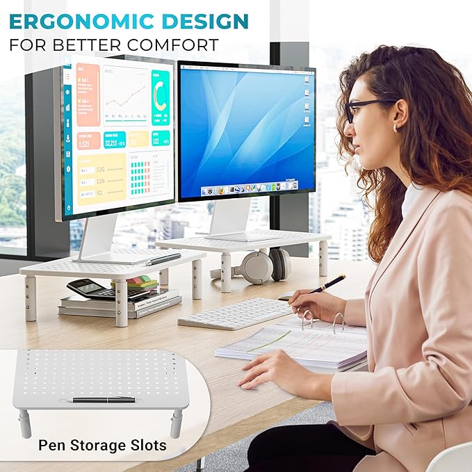 BONTEC Monitor Stand 2 Pack Height Adjustable Metal Riser with Pen Holder, White, 14.5??x 9.1?? Ergonomic Desktop Stand for Computer, Printer, Laptop, Adjustable Desk Riser with Cable Management