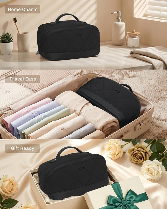 Hynes Eagle Travel Makeup Bag for Women Puffy Cosmetic Organizer Pouch Open Flat Toiletry Bag for Toiletries Brushes Structured Base Jet Black