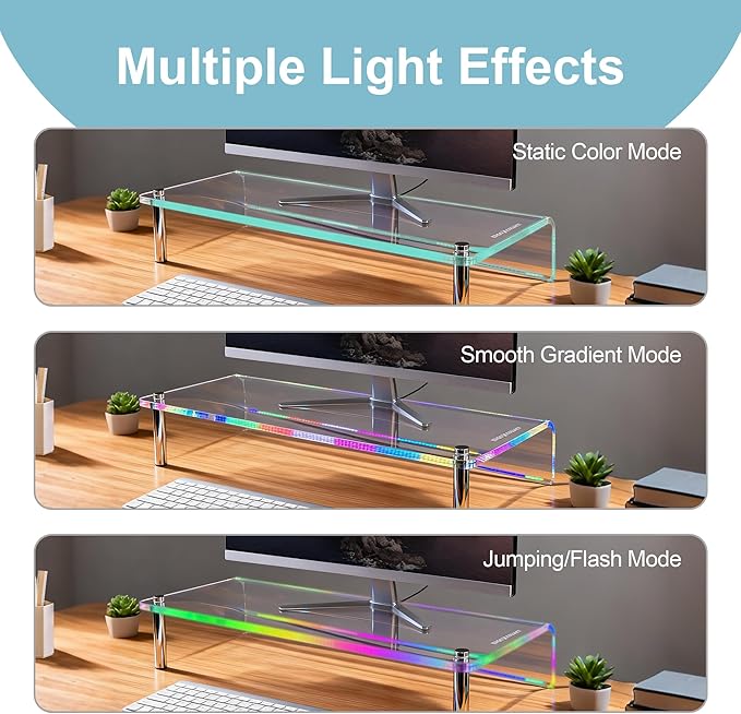 Acrylic Monitor Stand with WRGB Lights, Music Sync Clear Desk Riser with App & Button Control, Off Desktop Shelf for Gaming Setup and Home Office, Computer, Laptop, Printer, 23.6 Inch