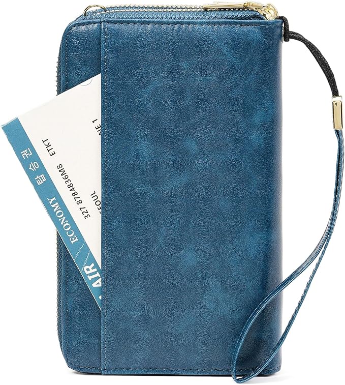 GOIACII Passport Wallet Travel Crossbody Bags for Women Wristlet Phone Purse Double Zip Vegan Leather Blue