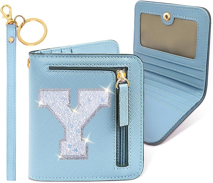 COSHAYSOO Small RFID Wallet for Women Teenager Girl Personalized Initial Gift Preppy Letter Monogrammed Wallets for Travel Credit ID Cards Cash Holder Blue Y