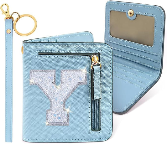 COSHAYSOO Small RFID Wallet for Women Teenager Girl Personalized Initial Gift Preppy Letter Monogrammed Wallets for Travel Credit ID Cards Cash Holder Blue Y