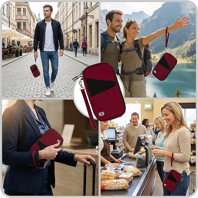 Gift for Women Passport Cover Holder Wallet with Zipper, Men Gift Passport Wallet Bag for Travel, RFID Blocking Passport Holder Case,Travel Document Organizer, Family Travel Accessories for Women -Red