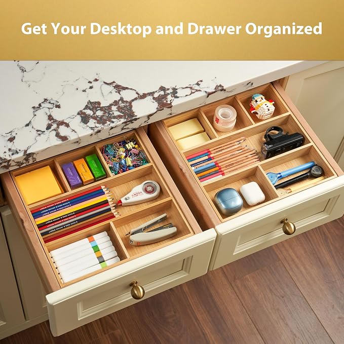 Umilife Bamboo Desk Drawer Organizer, Wood Office Junk Tray, 12"x12" | 1.8" Tall for Shallow Drawer - Adjustable dividers - Anti Slip Silicone Pads - Versatile Storage Box in Kitchen, Pantry