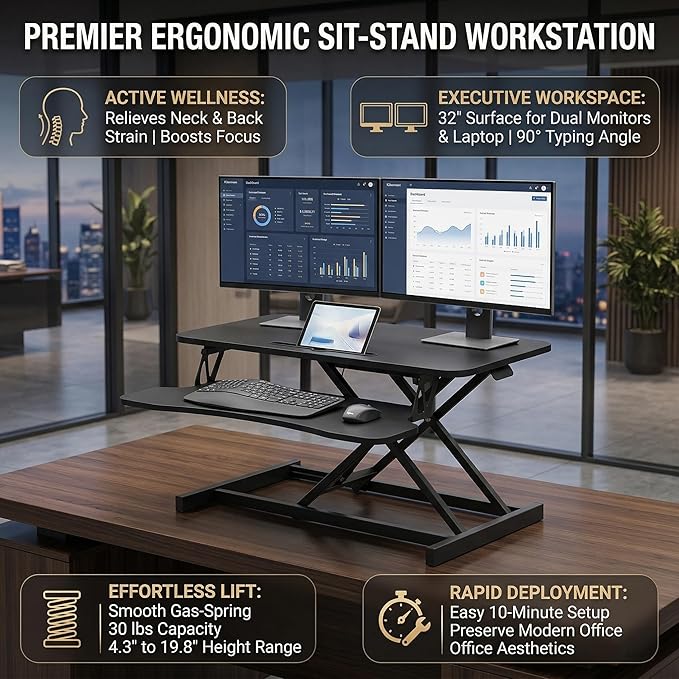 Standing Desk Converter 32" - Sit to Stand Desk Converter for Dual Monitors - Height Adjustable Desk Riser for Standing - Home Office & Corporate Use - Relieve Back Pain (Black)
