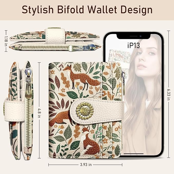 Kelvoris Cute Fox Leaves Small Rfid Women Wallet Bifold Zipper Coin Pocket PU Leather Compact Cash Credit Card Holder Travel Wallet for Female Ladies Teen Girls 1 ID Window 10 Card Slots