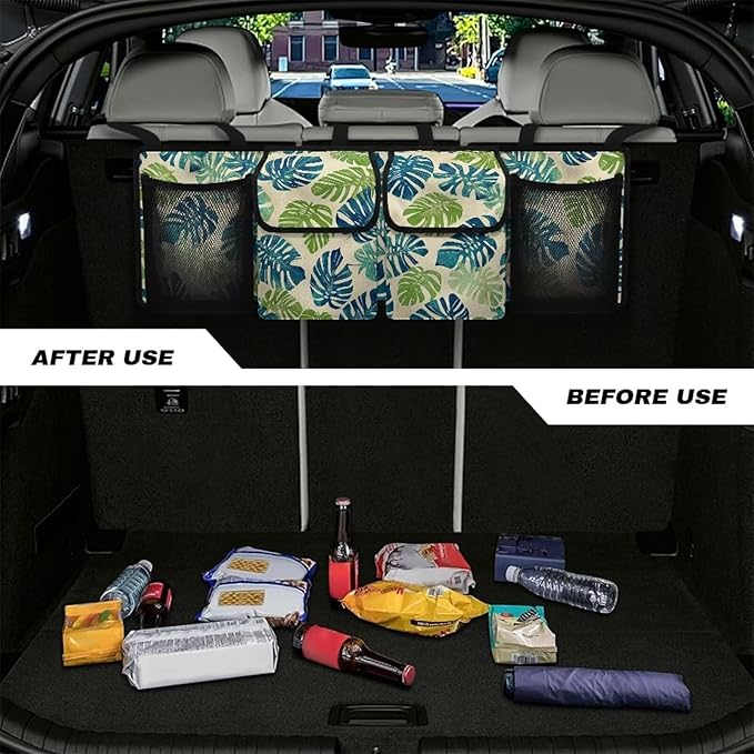 Palm Leaves Car Trunk Organizer,Large Capacity,Non-Sagging,Detachable Backseat Hanging Organizer,Standard Size for Most SUVs