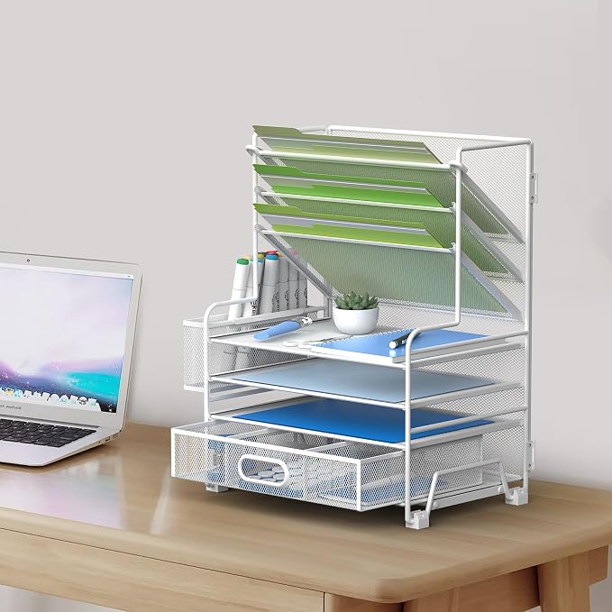MINDEPOT 4-Tier Paper Organizer + 3-Pocket File Holder + Drawer + Pen Holders, Desktop File Organizers Paper Tray for Office Supplies School Classroom Organization (White, with Drawer & Pen Holder)