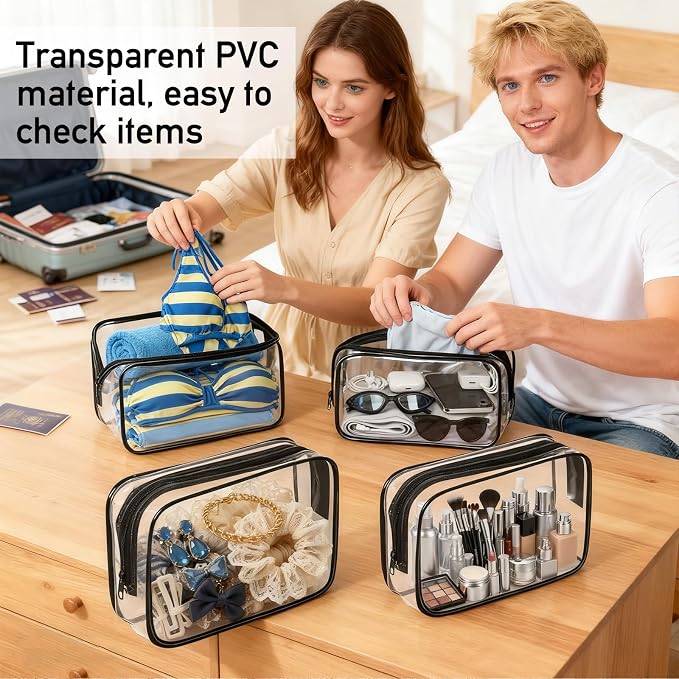 PLULON 4Pack Clear Makeup Toiletry Bag for Women Men, TSA Approved Toiletry Bag Organizer Black PVC Waterproof Clear Portable Cosmetic Pouch with Zipper for Airport Airline Compliant Travel Essentials