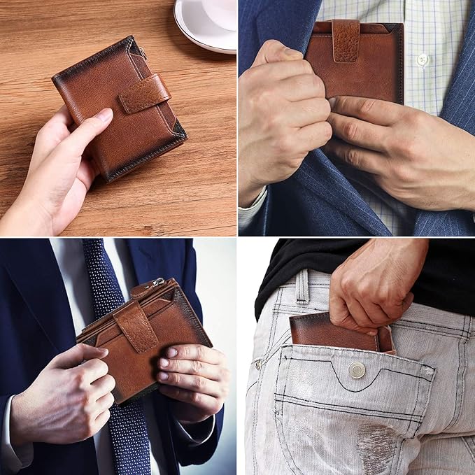 FALAN MULE Wallet for Men Genuine Leather RFID Blocking Mens Wallet with Zipper Coin Pocket ID Window