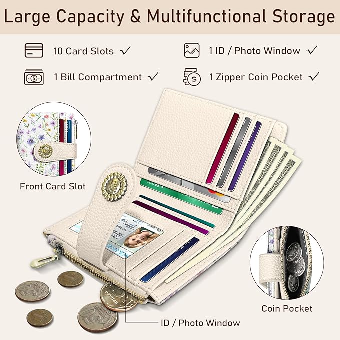 Kelvoris Flowers Floral Small Rfid Women Wallet Bifold Zipper Coin Pocket PU Leather Compact Cash Credit Card Holder Travel Wallet for Female Ladies Teen Girls 1 ID Window 10 Card Slots