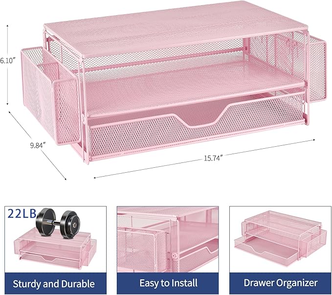 AUPSEN Computer Monitor Stands Riserï¼?-Tier Desk Organizers and Accessories, Office Desk Accessories Organizer with Drawers and 2 Pen Holder for Office Supplies (Pink)
