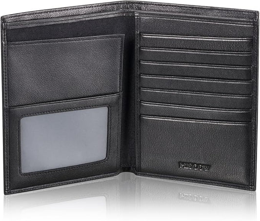 HISCOW Leather Passport Holder for Travel, Bifold Wallet, Black | Full grain cowhide, RFID blocking, 7 card slots, cash compartment, frosted ID window, travel essentials, premium gift box