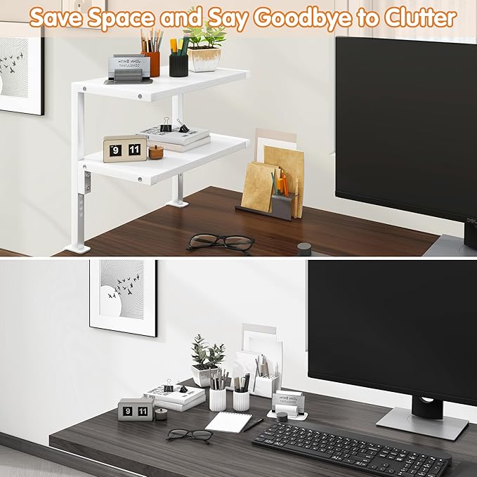 IBUYKE Clamp on Desk Organizer Shelf,12.9 inches Desk Extender Shelves, Above or Below Desk 2-Tier Adjustable Storage Shelves for Desktop Accessories,White,TMZ007W