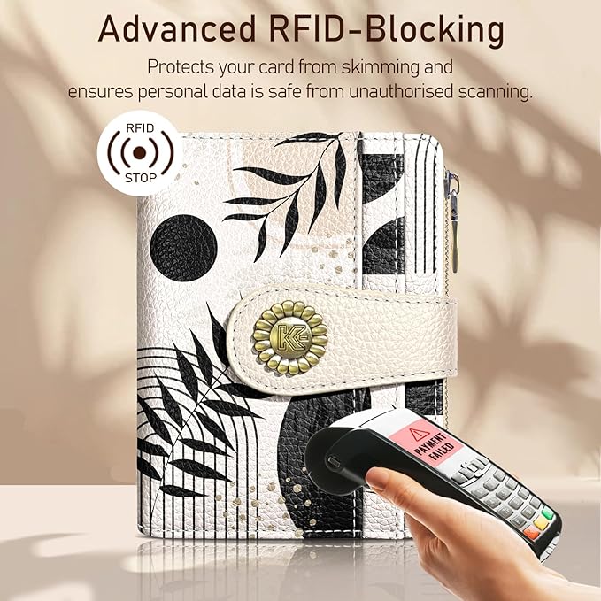 Kelvoris Boho Abstract Art Aesthetic Small Rfid Women Wallet Bifold Zipper Coin Pocket PU Leather Compact Cash Travel Credit Card Holder for Female Ladies Teen Girls 1 ID Window 10 Card Slots