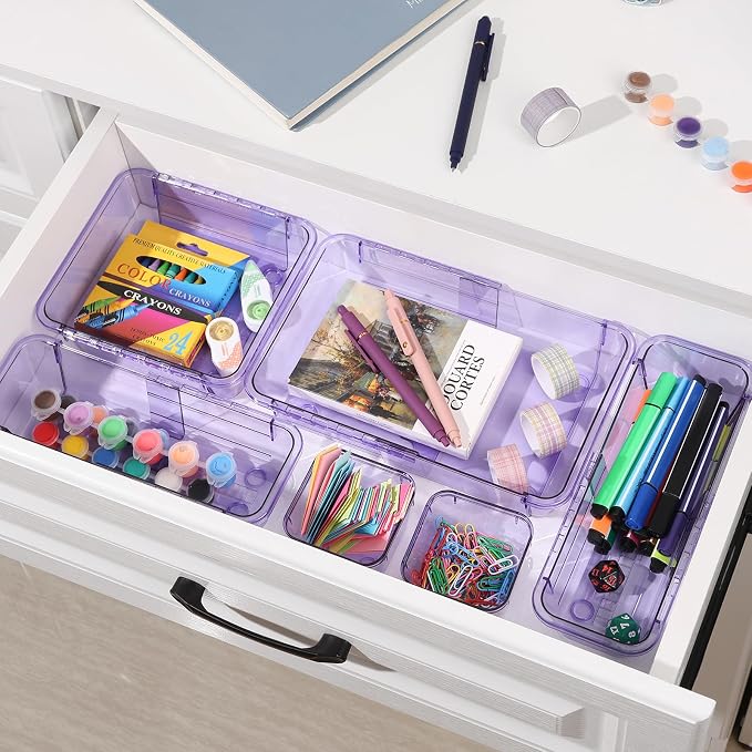 20 Pcs Adjustable Clear Drawer Organizer, Extendable Vanity Storage Bins, Desk Drawer Organizer Set for Makeup, Cosmetics, Bedroom, and Gadgets, Purple