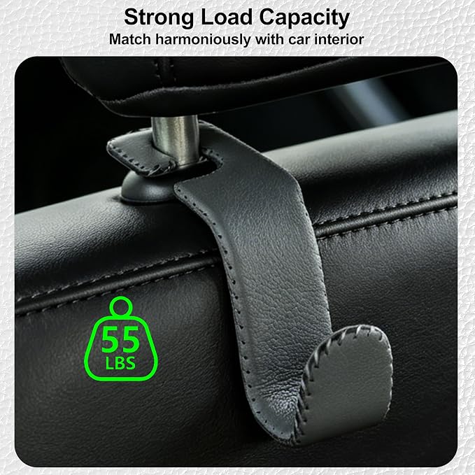 Amooca Car Seat Headrest Hook, Universal Vehicle Storage Hanger, Leather with Metal Car Seat Back Organizer for Handbag, Purse, Coat, Ergonomic Design, Gray 2 Pack