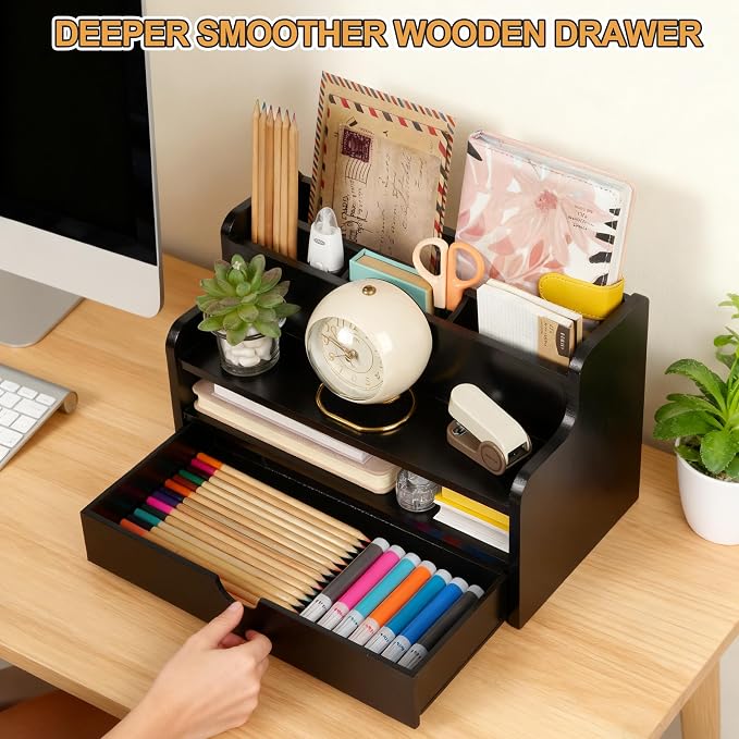 Mail Organizer Countertop, 4 Slots Desk Organizer with Drawer and Shelf, Wooden Mail Sorter for Desk, Desktop File Holders for Storage Pens, Envelopes and Bills