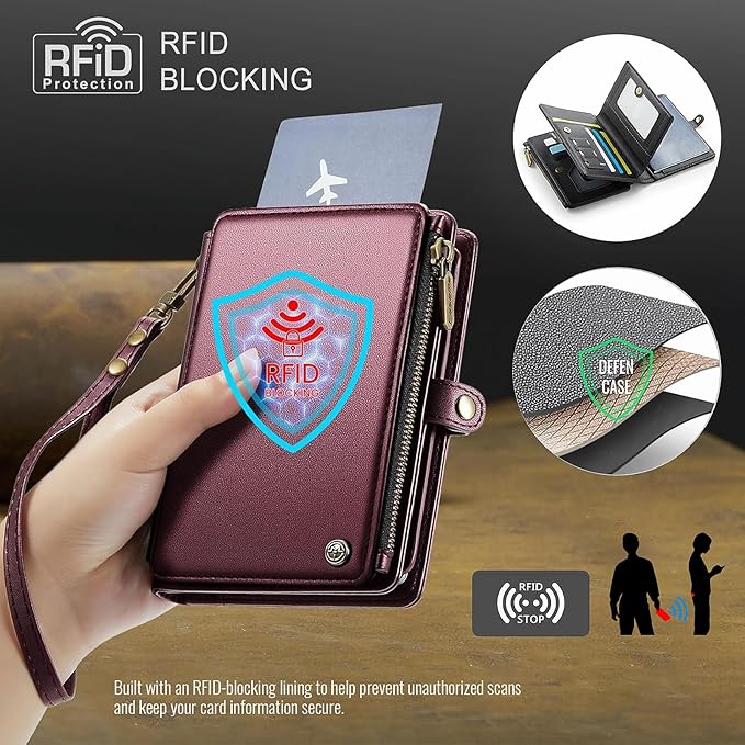 Passport Holder Wallet Bag with AirTag Holder, 11 Card Slots and Passport Solt Cash Solt Photo Solt Zipper Pocket, RFID Blocking Wristlet Strap.Wine