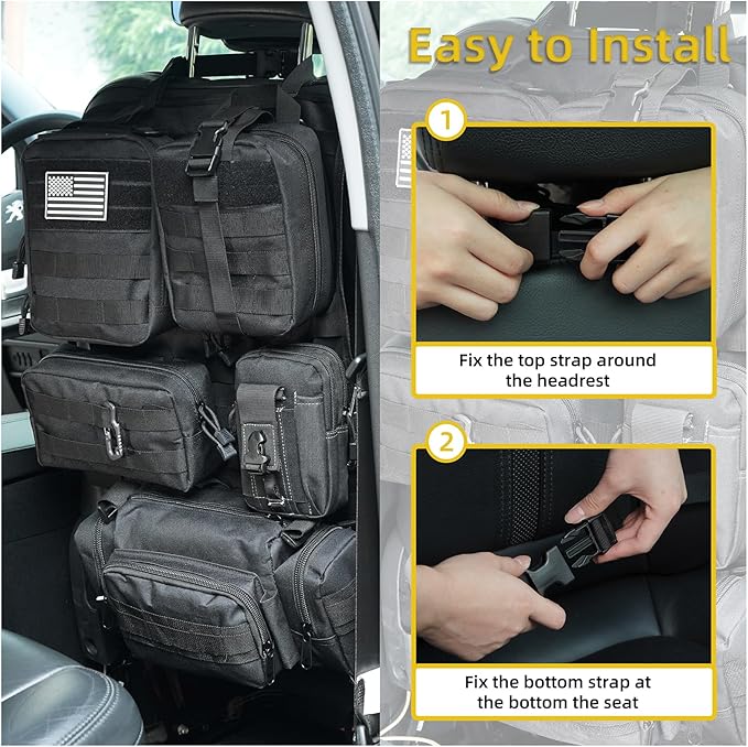 Tactical Car Seat Back Organizer,Tactical Molle Seat Back Organizer with 5 Detachable Molle Pouch,Velcro Label Can Be Removed,Universal Fits for Car Truck Jeep Vehicle