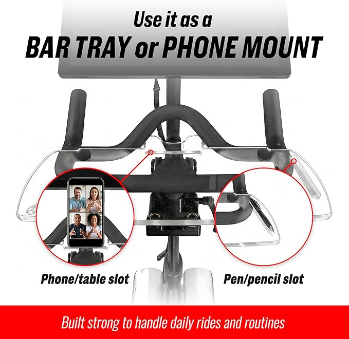 TFD The Tray V2 for Peloton Bike Original Models, Flat Acrylic Desk Tray with Phone and Pen Holders, Laptop and Tablet Tray for Work, Reading, or Viewing While Riding, Clear