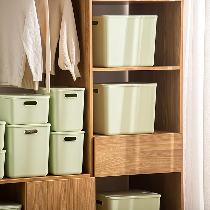 6 pack large plastic White storage bins with Lids, Toy Box Chest with Handle，Organizer Containers Baskets for Baby,Nursery，Shelves，Playroom, Bedroom，Office,Closet，home (Light Green, 6XL)
