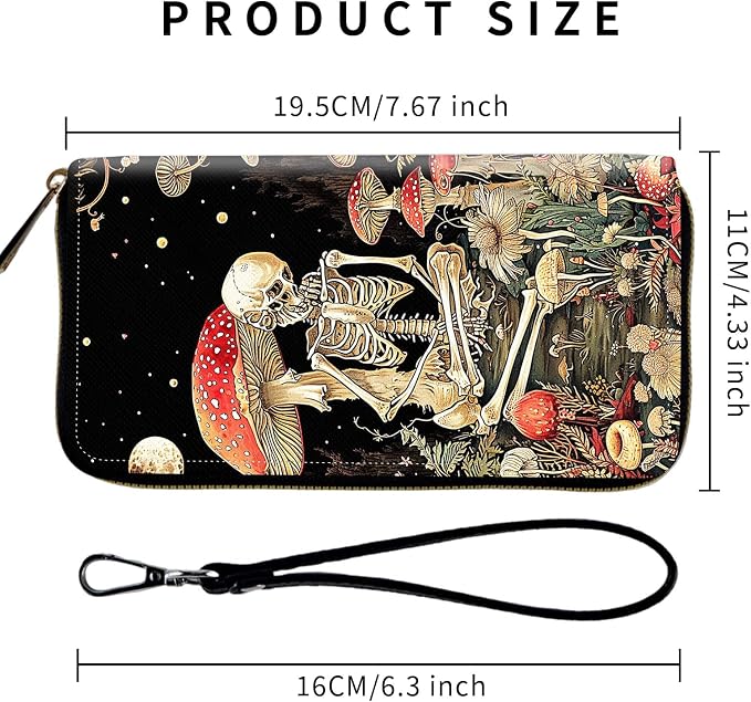 Wallet,Leather Long Wallet Suitable For Ladies And Teenagers - Detachable Wristband + RFID Travel Wallet With Card Slot - Mushroom Skeleton