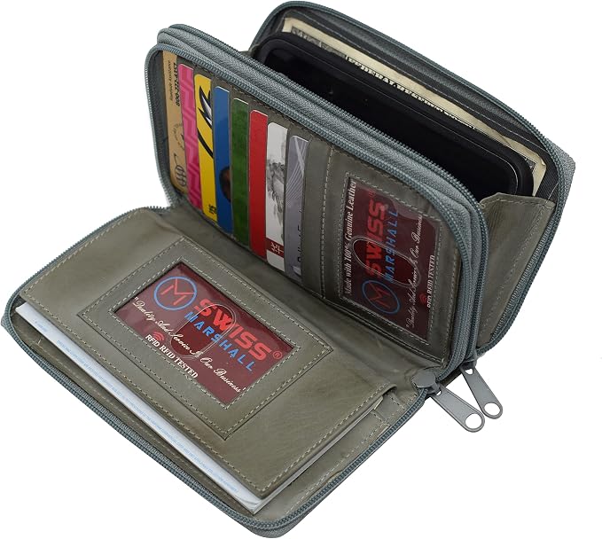 MARSHAL Genuine Leather Double Zipper Clutch Checkbook Wallet for Women #4575CF (Swiss SkyBlue)