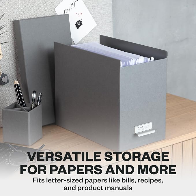 Bigso John Fiberboard Label Frame Desktop File Storage Box - Document Organizer for Important Paperwork - Durable Hanging File Box with a Lid & Metal Label Window - 7.36 x 13.38 x 10.51 in - Grey