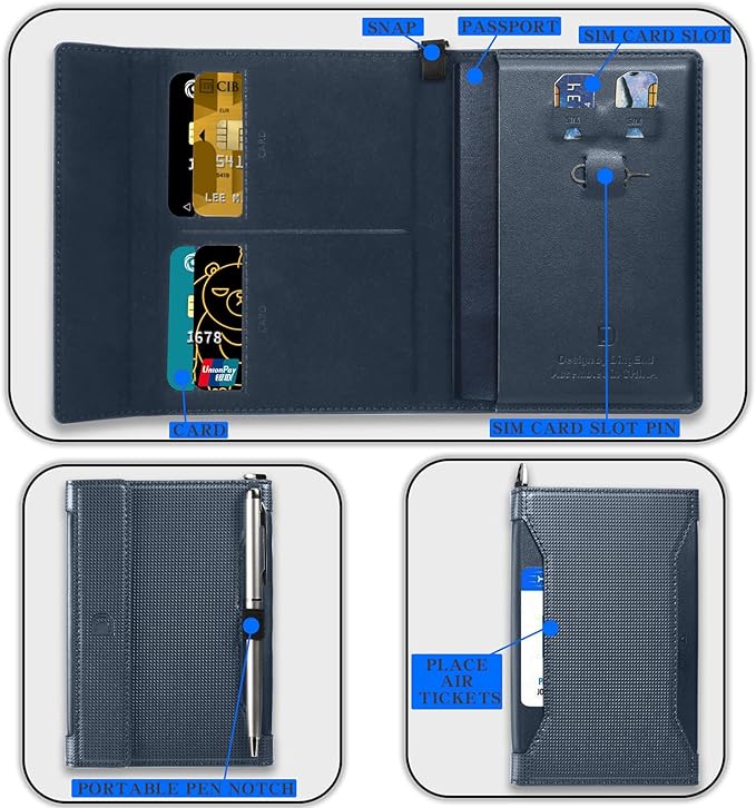 Passport Holder for Travel Essentials, RFID Blocking PU Leather Passport Wallet Cover Card holder Case Passport Book Holders for Women and Men, Dark Blue