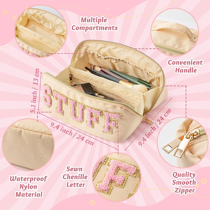 Y1tvei Pink Stuff Makeup Bag - Large Capacity Beige Cosmetic Pouch, Nylon Stony Clover Nylon Stony Clover Makeup Pouch Outfit Decoration Wide Open Cosmetic Package Travel Gift for Women Birthday Party