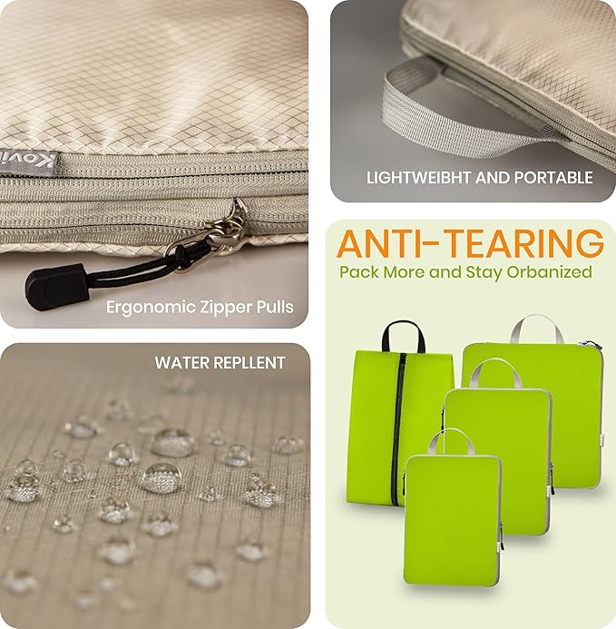 Compression Packing Cubes for Travel, Set of 4 Expandable Luggage Organizers with Shoe Bag, Lightweight Water-Resistant Suitcase Essentials for Carry-on & Checked Luggage,Green
