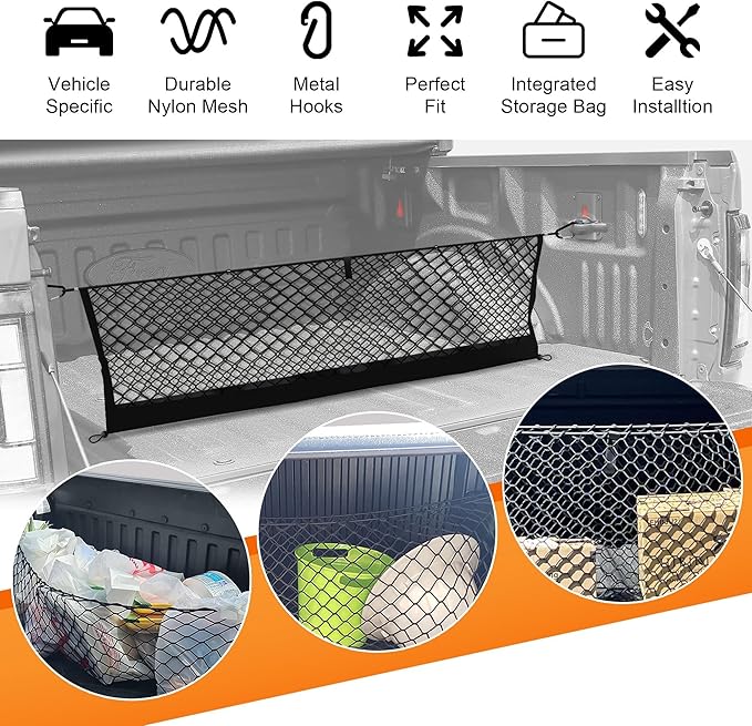 Truck Bed Cargo Net for Ford F150 2015-2024 2025, Envelope Style Pickup Cargo Net with Storage Bag, Heavy Duty Elastic Mesh Organizer with Carabiners, Secures Groceries & Gear