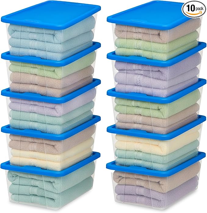 HOMZ 10-Pack Snaplock, Small Clear Plastic Storage Organizer Bins w/Lids, 6 Quart, Blue - Stackable Container Boxes for Bedroom, Bathroom, Garage, and Office Organization