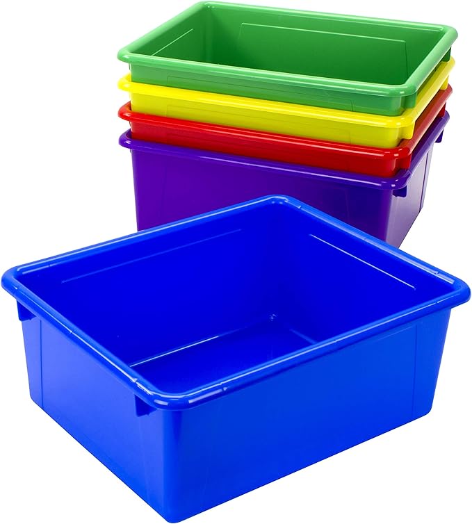 Storex Letter Size Deep Storage Tray – Organizer Bin for Classroom, Office and Home, Assorted Colors, 5-Pack (62530A05C), 10 x 13 x 5 Inches
