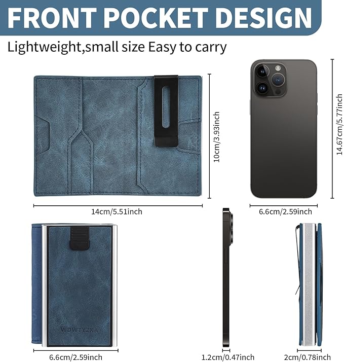 Mens slim Wallet，with RFID Shielding, Holds 9 Cards Easily, card wallet for Men, Minimalist Wallet For Men, Made of aluminum and Pu Synthetic Leather, Includes Cash clip (Blue)