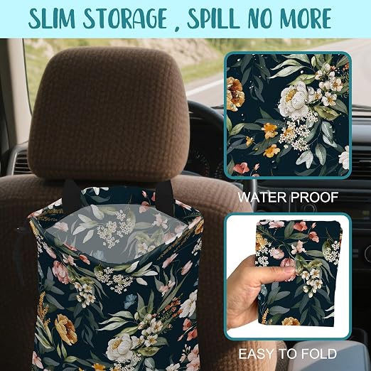 Car Garbage Bag Watercolor Floral Branches Hanging Canvas Car Trash Bag Waterproof Drawstring Car Back Seat Organizer for Car Back Front Seat Console with Adjustable Buckle