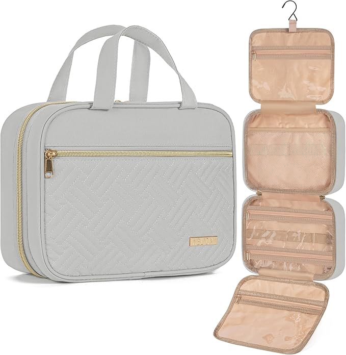 Travel Toiletry Bag for Women & Men Water Resistant Makeup Bag with Hanging Hook Portable Travel Organizer for Travel Accessories, Travel-Sized Shampoo, Toiletries (Large-Grey)