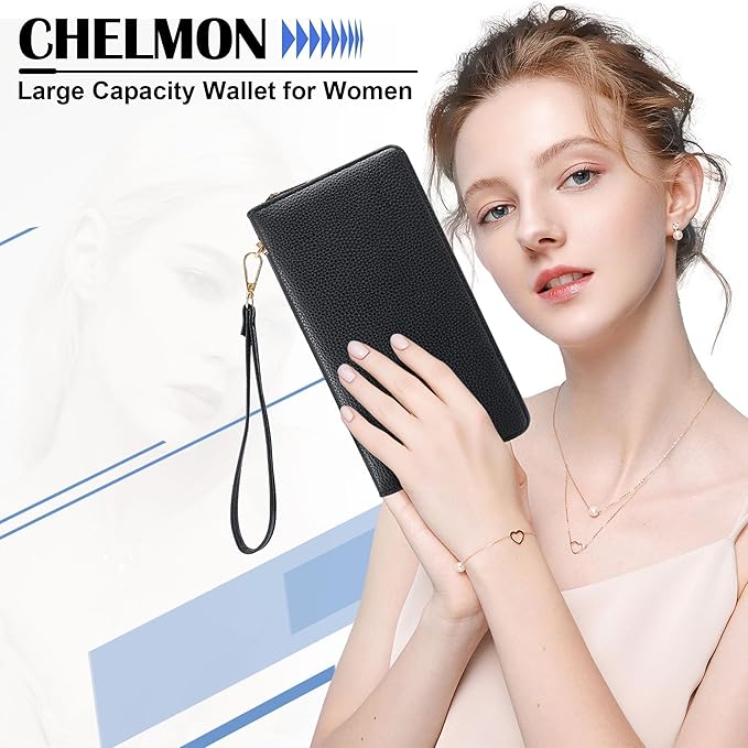 Chelmon Women's Vegan Leather Clutch Wallet with Zip, Hand Strap, Large Capacity