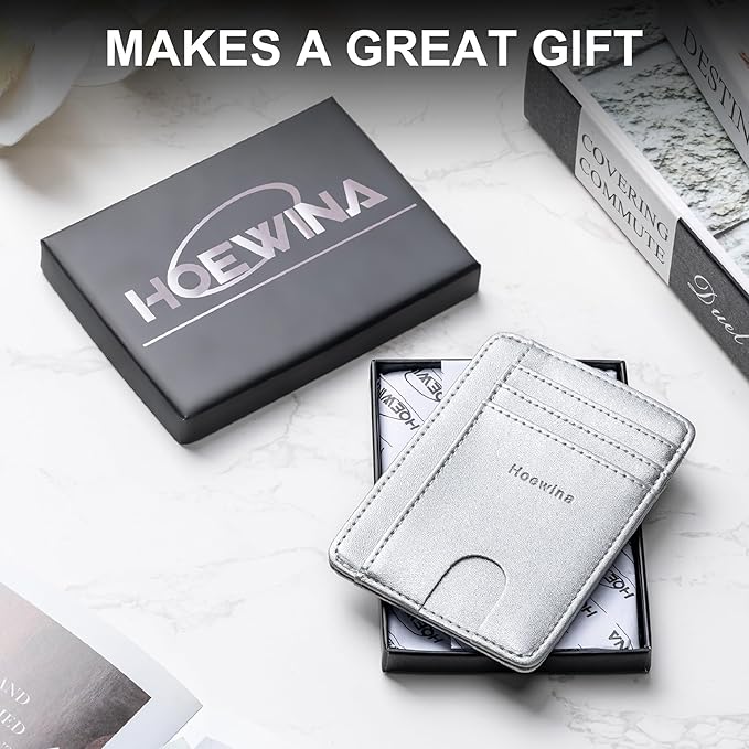 Hoewina Slim Wallet for Men, Credit Card Holder Wallet, Minimalist Design - RFID Blocking Front Pocket Leather Thin Wallet for Men and Women(Sand Silver)