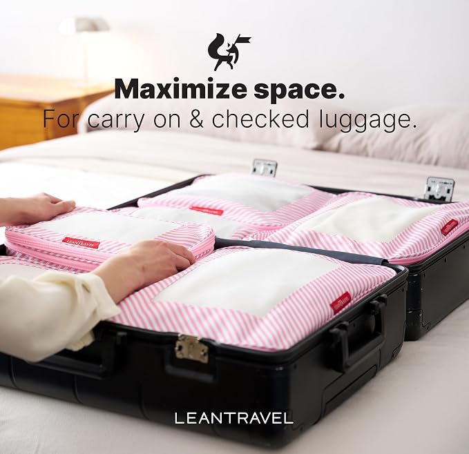 LeanTravel Premium Compression Packing Cubes for Travel - Suitcase Organizer Bags with Double Zipper & Breathable Mesh Panel - Space Saving Carry On Luggage Essentials (6-Pack, Pink Stripes)