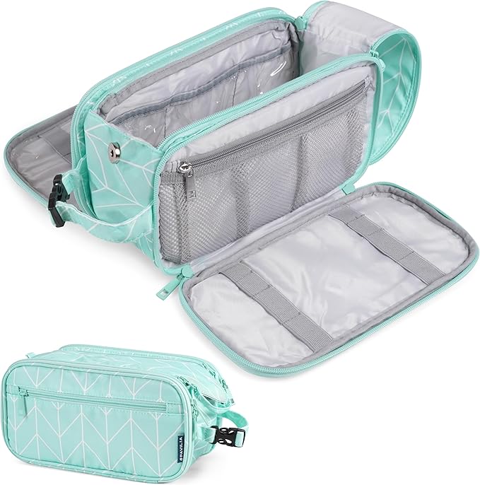 PAVILIA Toiletry Bag for Men Women, Hanging Travel Dopp Kit Organizer, PU Leather Water-Resistant Bathroom Bag for Shaving Grooming, Large Capacity Cosmetic Bag Travel Essentials, Teal Chevron
