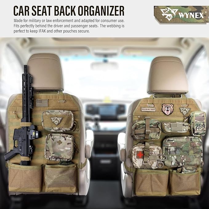 WYNEX Car Seat Organizer, Molle Backseat Cover Organizer Protector with Sling Rack, Visual Pocket and Patch, Universal Vehicle Fits for F150, Jeeps, Pickups & Trucks for Road Trips (2 Packs)