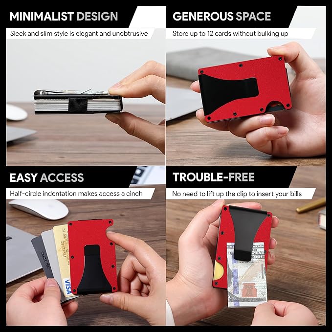 Slim Wallet for Men,RFID Blocking Minimalist Metal Wallet, Money Clip/Cash Holder, Front Pocket Aluminum Credit Card Holder, Ideal Gift for Men,Matte Red