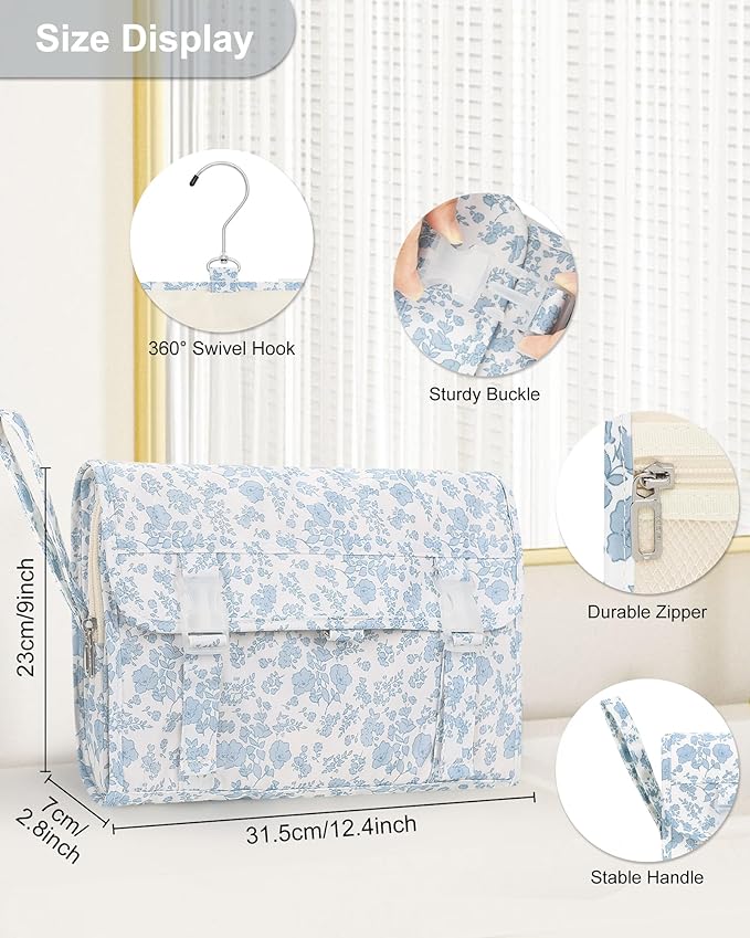 Relavel Travel Toiletry Bag with Hanging Hook, Floral Hanging Toiletries Bag for Women, Large Capacity Makeup Cosmetic Storage Organizer for Full Sized Container, Accessories - Blue Flower