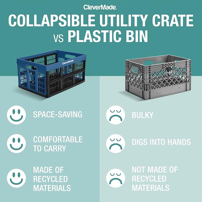 CleverMade Collapsible Utility Crates, Stone, 3-Pack, 45L/11 Gal, 66 lbs Capacity, Stackable, Space-Saving